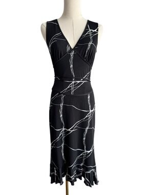 Vintage 90s Le Chateau Black Midi Dress Small Abstract Print Tie Waist Made USA